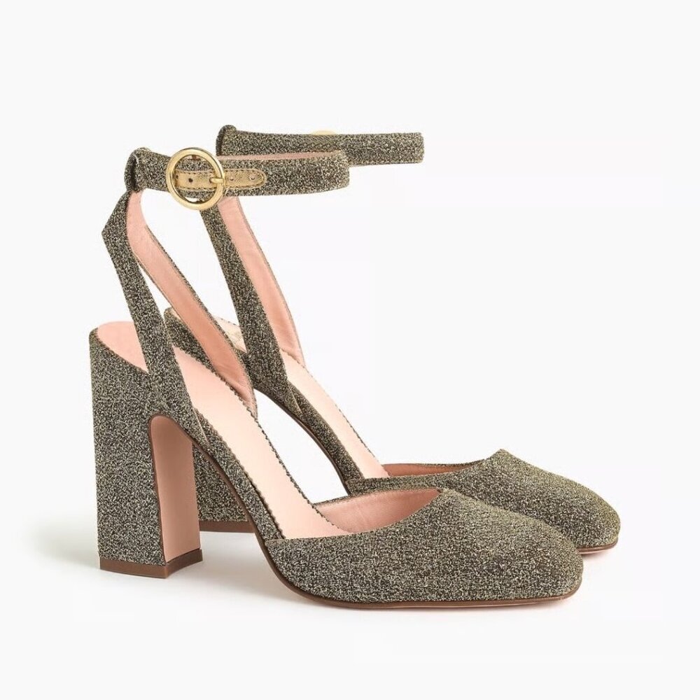 J.Crew Harlow Gold Glitter Pumps Block High Heels Square Toe NYE Christmas Party